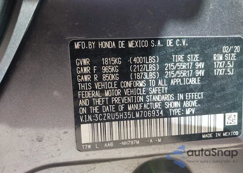 2020 Honda Hr-V 2Wd Lx z USA, uszkodzony, nr VIN 3CZRU5H35LM706934